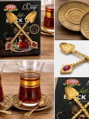 Turkish Tea Serving Set – New Glass & Metal Tea Set with Decorative Saucers